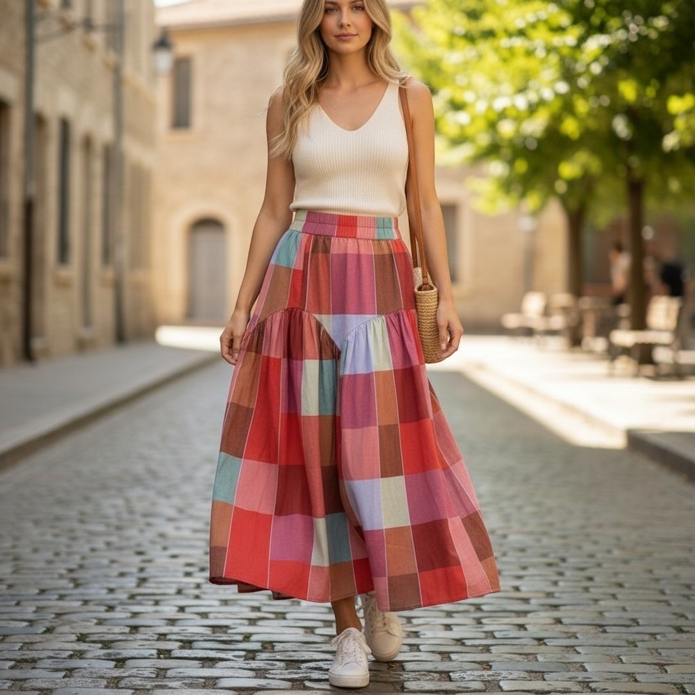 Boho Plaid Tiered Maxi Skirt in Multi-Color
